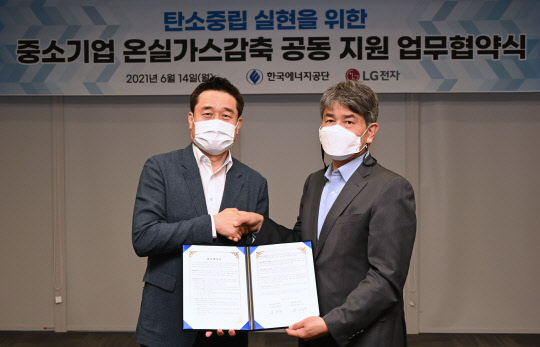 14일 경기도 수원시 수원컨벤션센터에서 윤대식 LG전자 전무(왼쪽)와 김창섭 한국에너지공단 이사장이 중소기업 온실가스감축 및 에너지효율화를 위한 업무협약을 체결하고 기념촬영을 하고 있다. <LG전자 제공>